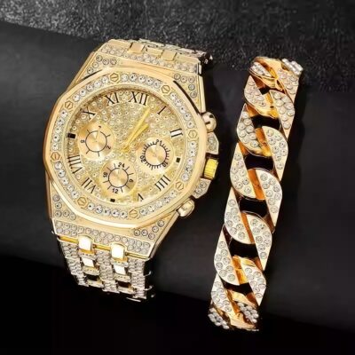 full diamond Cuban bracelet two-piece set