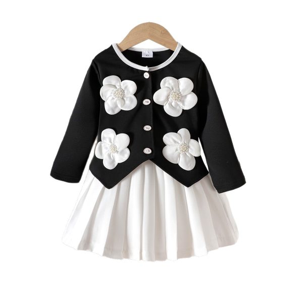 Second image of children's flower black long-sleeved top + white short skirt
