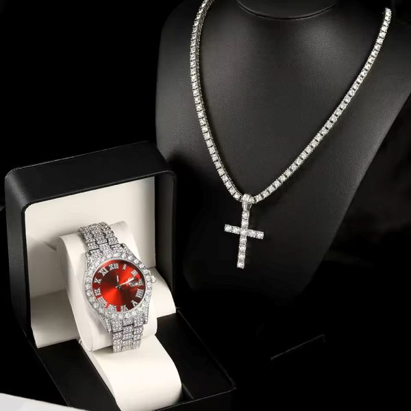 Second image of Full Diamond Strap Date Men's Quartz Watch Set