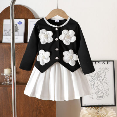 children’s flower black long-sleeved top + white short skirt