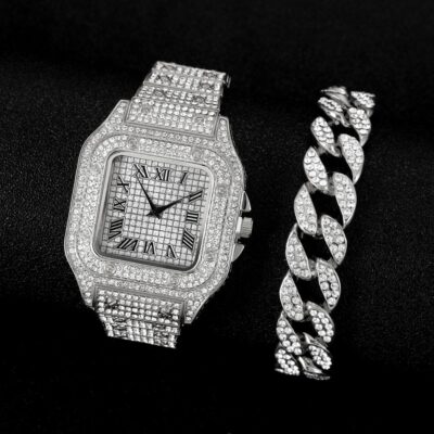 Roman Diamond Steel Band Quartz Watch + Oval Hip Hop Diamond Bracelet