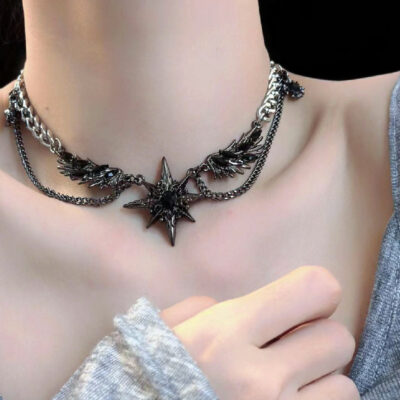 Y2K Black Feather Winged Starlight Necklace