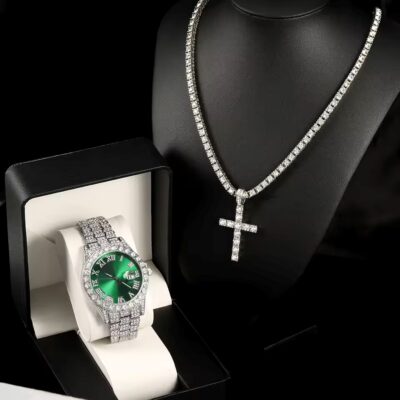 Full Diamond Strap Date Men’s Quartz Watch Set