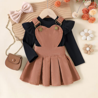girls’ black knitted tops with two coffee-colored