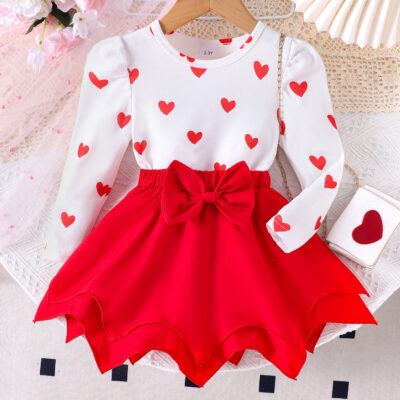 girls pattern off-white top + red short skirt