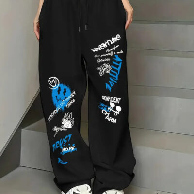 Straight-leg sweatpants with blue patterns