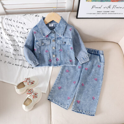 Girls’ Suit Embroidered Bow Long Sleeve Jacket
