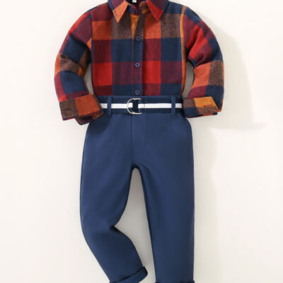 plaid long sleeve lapel shirt belt solid color trousers