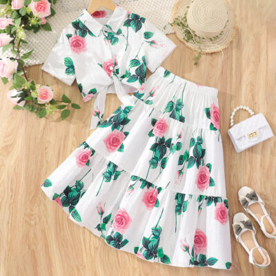 female children’s short-sleeved lapel flower print skirt