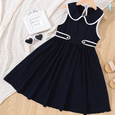 Girls Lapel Sleeveless Semi Open Style Dress