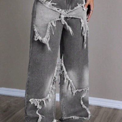 women’s raw edge design floor-length jeans