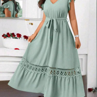women’s V-neck solid color waist dress