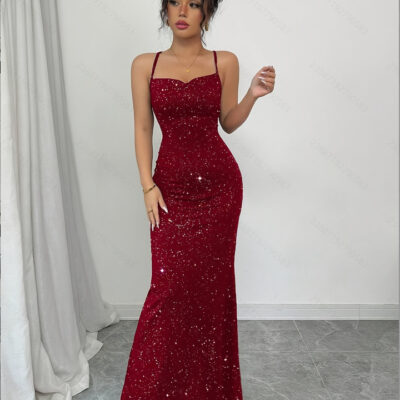 Red slim and sexy suspender sequin dress