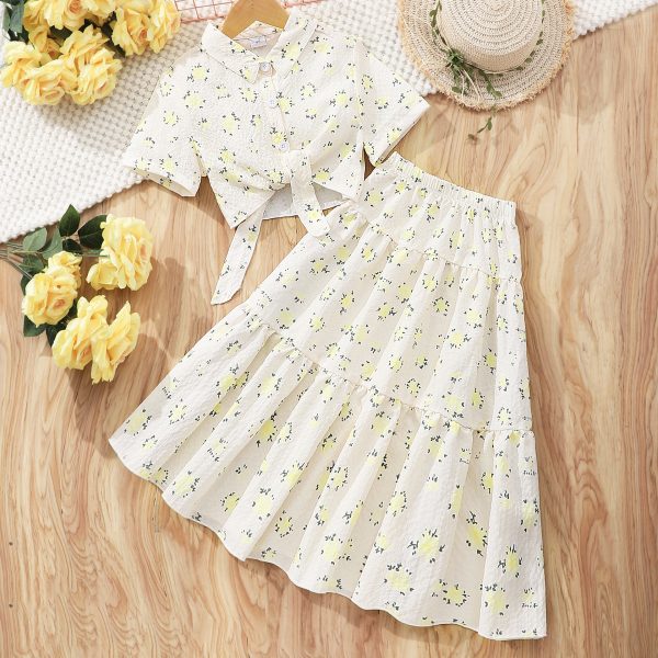 Second image of female children's short-sleeved lapel flower print skirt