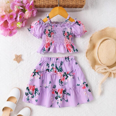 Bubble short sleeve lace top flower print skirt