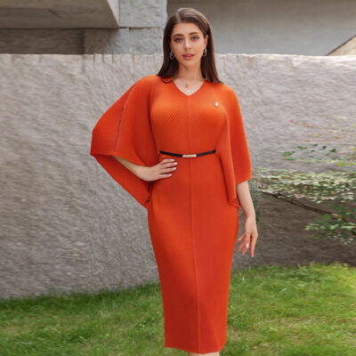 pleated bat sleeves  V-neck dress for women