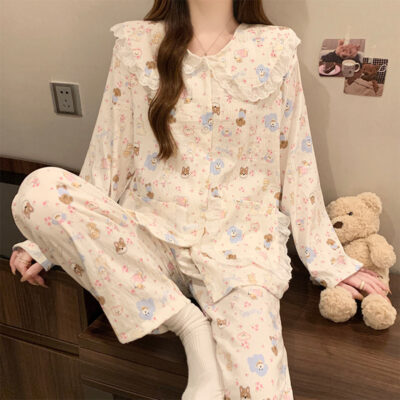 cartoon lace collar long sleeve pajamas for women