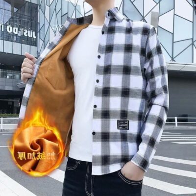 Velvet plaid shirt men’s long sleeve