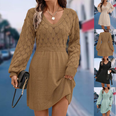 American V-neck beach  long sleeve dress