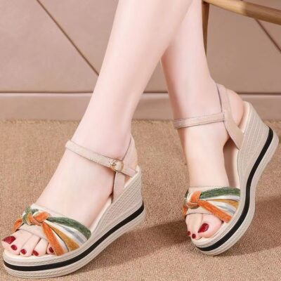 Leather wedge sandals women