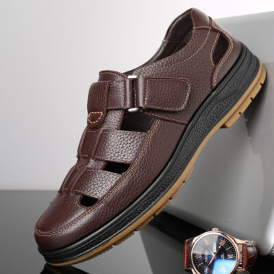 leather breathable hollow casual sandals for men