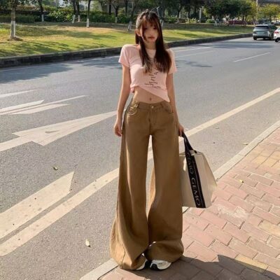 floor-length denim trousers