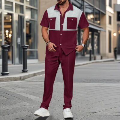 Waffle Quad Breasted Pocket Color Trousers Duo Set
