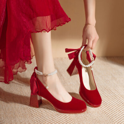 Wedding shoes red thick heels