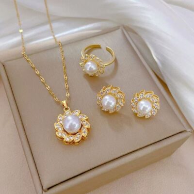 pearl flower necklace three-piece set for women