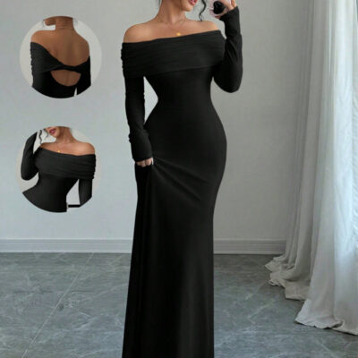 one-line off-the-shoulder pleats tight dress for women