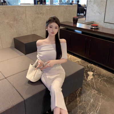 Oblique collar sexy waist dress