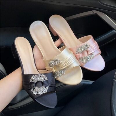 womens rhinestone buckle thick-heeled slippers