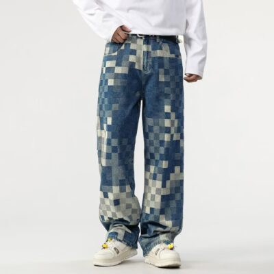 Mosaic checkered jeans for men
