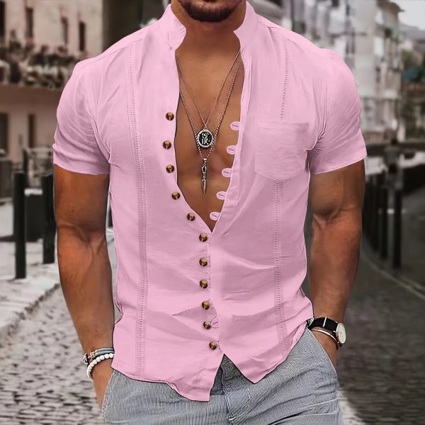 Second image of Men's stand-up collar solid color pocket shirt
