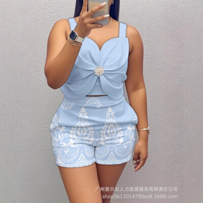 Women’s bow sleeveless top + patterned shorts set