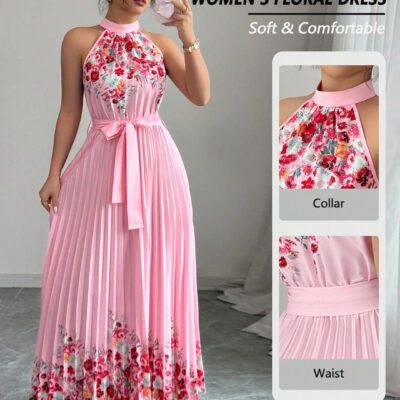 fashion printed pleated long skirt dress