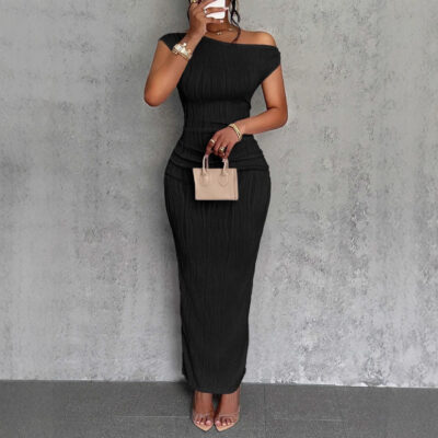 Fashion Water Ripple Slanted Shoulder Dress Spot