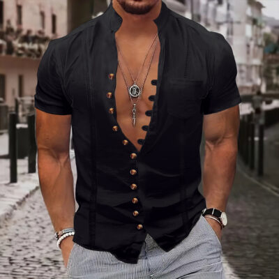 Men’s stand-up collar solid color pocket shirt