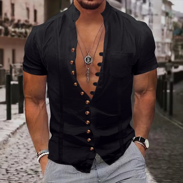 Men's stand-up collar solid color pocket shirt