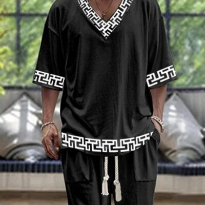 men’s V-neck sports suit two-piece set