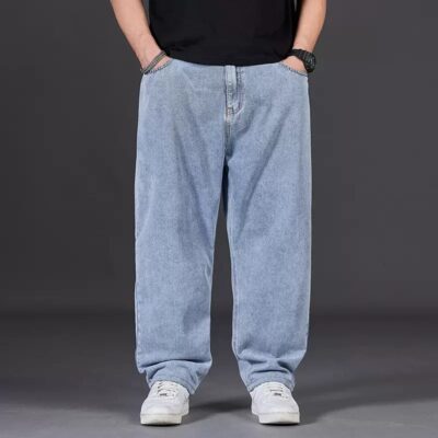 Plus size jeans men’s autumn fat plus size men’s pants loose straight leg fat guy wide leg elastic waist pants