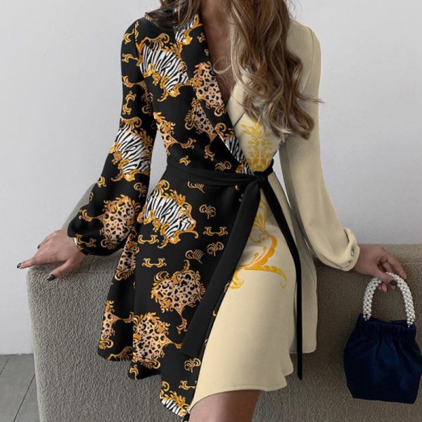 Second image of women's elegant one-piece color-block lace-up dress