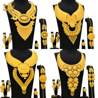 Gold Plated Dubai Bridal Necklace Earrings Ring Bracelet Set