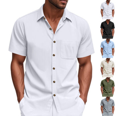 men’s woven lapels solid color short-sleeved shirt