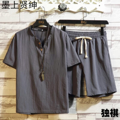 Cotton and linen short sleeve  two-piece set for men