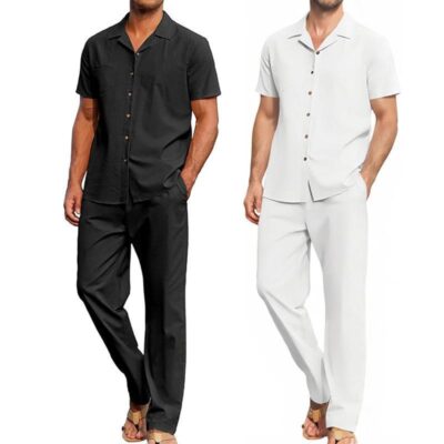 Lapel Short Sleeve Casual Pants Two-Piece For Men